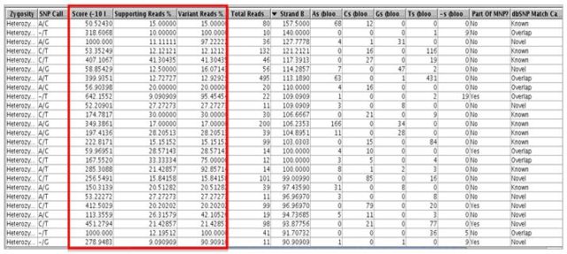 Decibel scores listed in the SNP region list inspector